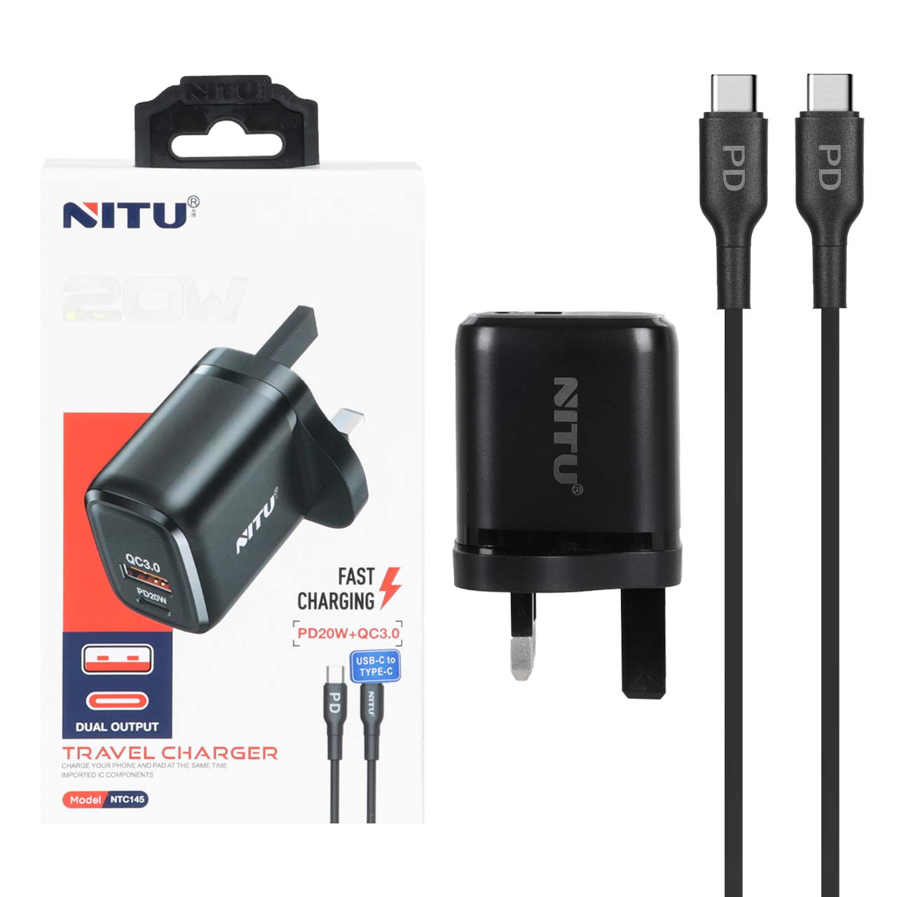 شارژر دیواری فست و PD دو پورت Nitu مدل NTC145 20W همراه با کابل Type-C To Type-C - مشکی (گارانتی 18 ماه تعویض نیکان همراه)